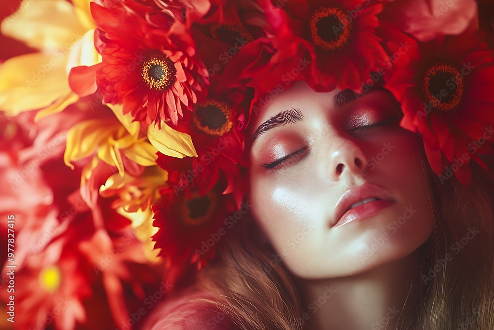 Close up portrait of young woman with red flowers in her hair, eyes closed. Beauty, serenity, femininity, nature, floral Close up portrait of young woman with red flowers in her hair, eyes closed. Beauty, serenity, femininity, nature, floral
