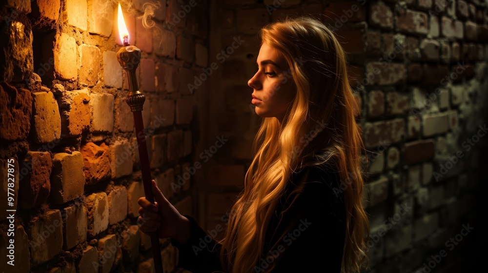 A woman holding a lit candle in front of a brick wall A woman holding a lit candle in front of a brick wall