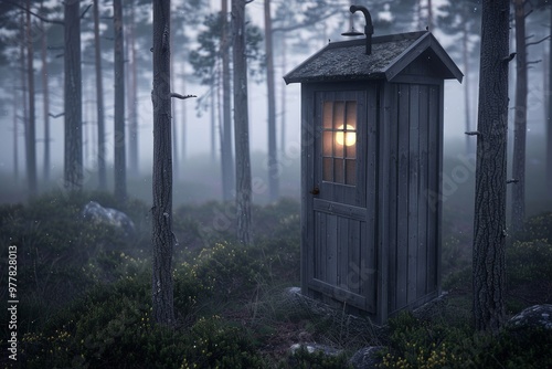 An image of an enchanted woodland cabin nestled among tall trees, a warm glow emanating from its windows, inviting cozy retreat and natural harmon