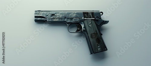 Standard handgun on a light gray background Semi automatic pistol. Copy space image. Place for adding text and design photo