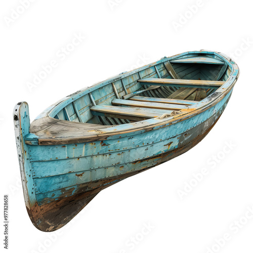 Old wooden fishing boat with peeling blue paint isolated on white background photo