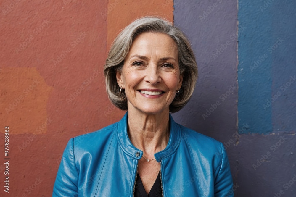 Portrait Smiling mature woman wearing blue leather jacket in front of colored wall Portrait Smiling mature woman wearing blue leather jacket in front of colored wall