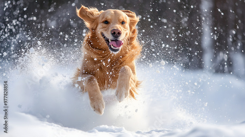 A golden retriever leaping into a snowdrift snow flying in all directions with its tongue out and a joyful expression on its face.