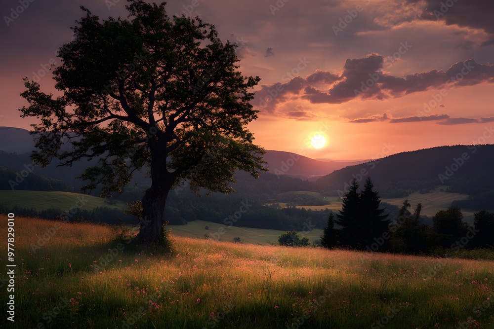 Fototapeta premium Sunset over rolling hills with a solitary tree in a tranquil landscape. Generative AI