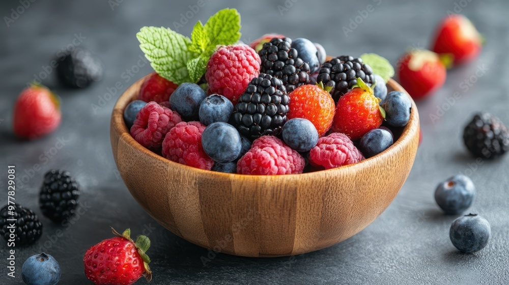 A wooden bowl filled with a vibrant assortment of fresh berries, including raspberries, blackberries, strawberries, and blueberries, garnished with a mint leaf, perfect for promoting healthy eating A wooden bowl filled with a vibrant assortment of fresh berries, including raspberries, blackberries, strawberries, and blueberries, garnished with a mint leaf, perfect for promoting healthy eating
