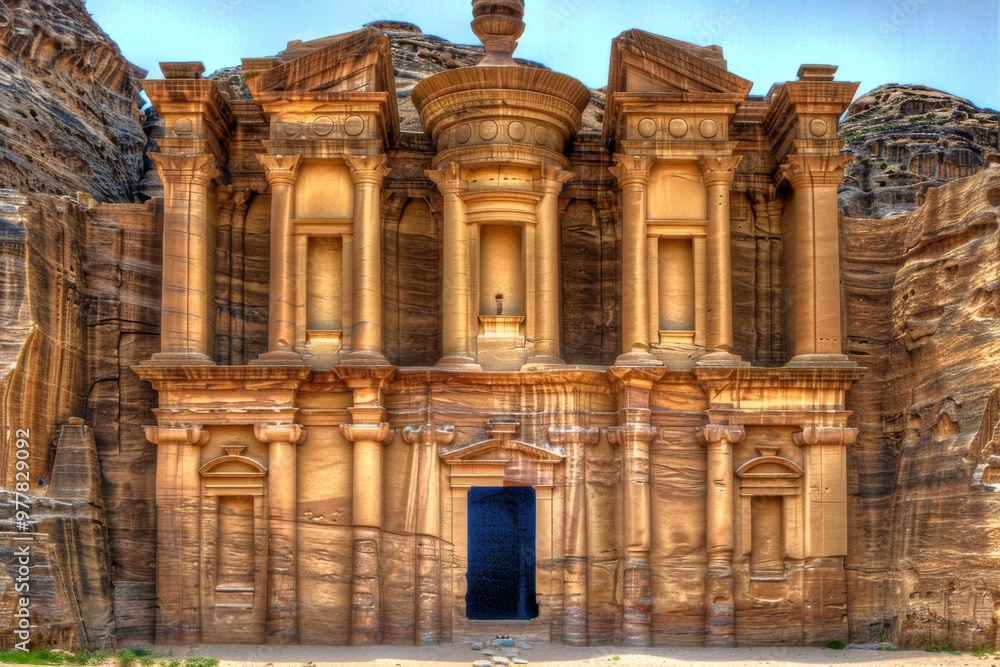 The Petra Monastery emerges from the rose-red cliffs, a testament to Jordan's ancient heritage, architectural splendor, and the enigmatic beauty of the Lost Cit The Petra Monastery emerges from the rose-red cliffs, a testament to Jordan's ancient heritage, architectural splendor, and the enigmatic beauty of the Lost Cit
