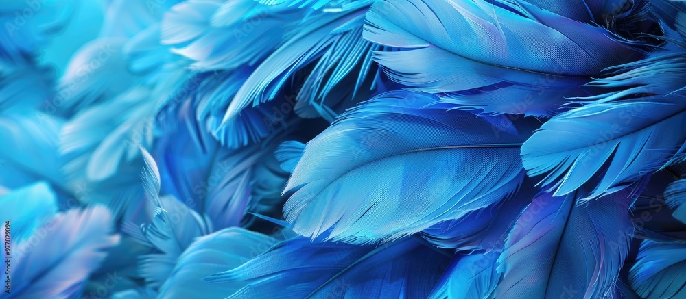 Many blue feathers on a vibrant background serving as a carrier with repetition and space. Copy space image. Place for adding text and design Many blue feathers on a vibrant background serving as a carrier with repetition and space. Copy space image. Place for adding text and design