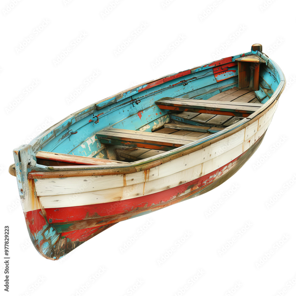Old colorful wooden fishing boat isolated on white background Old colorful wooden fishing boat isolated on white background