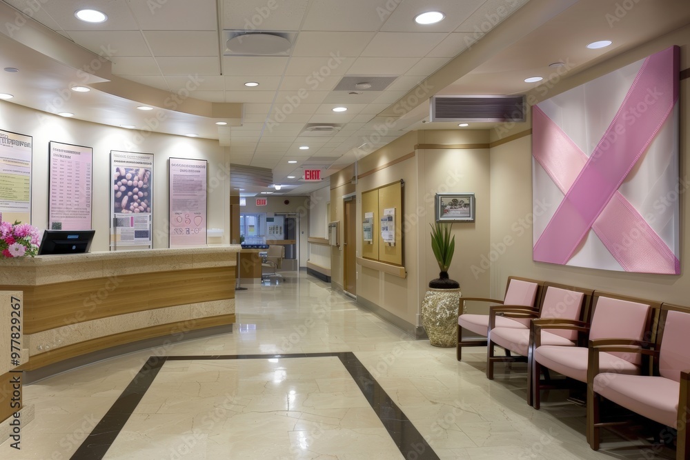 Breast Cancer Awareness Display in Modern Hospital Lobby - Informative Posters and Pink Ribbon Symbol Breast Cancer Awareness Display in Modern Hospital Lobby - Informative Posters and Pink Ribbon Symbol