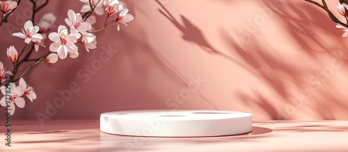 White round podium pedestal for cosmetic beauty product display empty mockup set against a trendy pink coral pastel background with soft shadows and spring flowers minimalist flat lay setting top vie