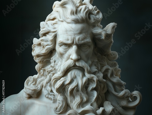 A finely chiseled marble bust of Zeus in classical tradition, showcasing intricate craftsmanship and expression. The muscular, imposing deity represents ancient mythology and artistic mastery in stone
