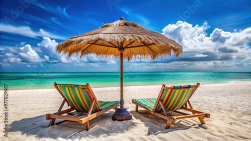 Sun loungers and bright beach towels on sand under a straw umbrella by the sea. Generative AI