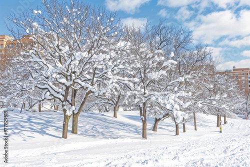 An image of a serene winter wonderland, with snow-covered trees, icicles, and a sense of frosty tranquilit