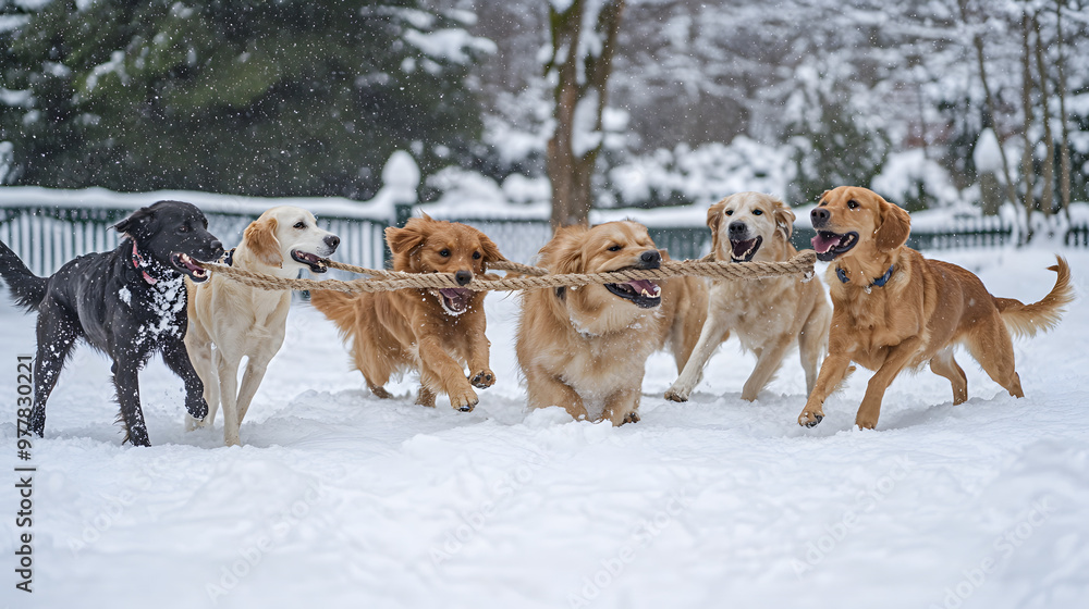 A group of dogs playing tug-of-war with a rope in a snowy backyard each pulling with excitement surrounded by snowy trees and a fence. A group of dogs playing tug-of-war with a rope in a snowy backyard each pulling with excitement surrounded by snowy trees and a fence.