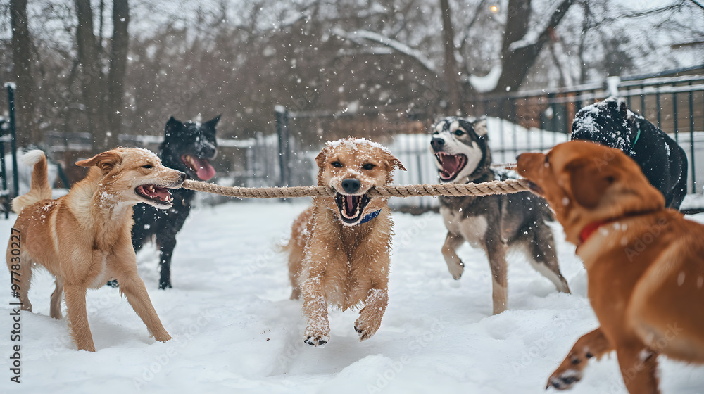 Naklejka premium A group of dogs playing tug-of-war with a rope in a snowy backyard each pulling with excitement surrounded by snowy trees and a fence.
