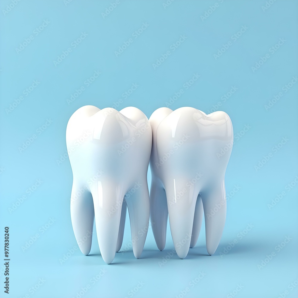 A side angle shot of a beautiful, symmetrical 3D tooth row against a serene sky blue background. A side angle shot of a beautiful, symmetrical 3D tooth row against a serene sky blue background.