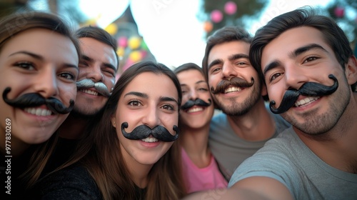 A group of smiling friends wearing different styled mustaches, posing together at an outdoor celebration, evoking fun and camaraderie perfect for Movember or themed events