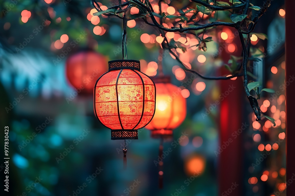 Red Chinese lanterns hanging from a tree branch during a festival celebration Red Chinese lanterns hanging from a tree branch during a festival celebration
