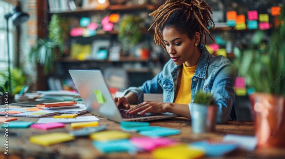 Woman sitting at a table with a laptop computer and sticky notes Woman sitting at a table with a laptop computer and sticky notes