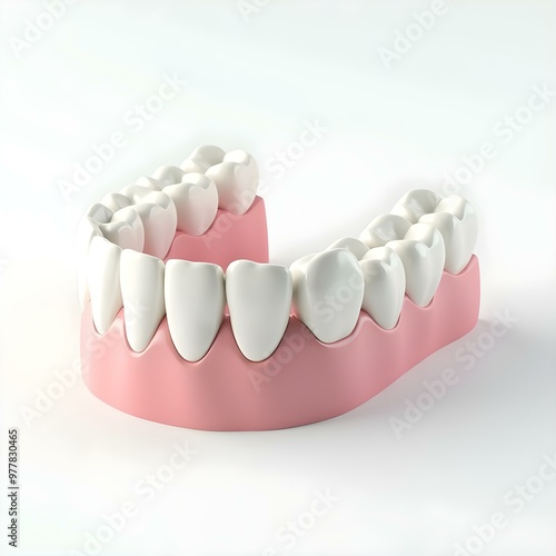 Close-up front view of a 3D-rendered set of perfectly aligned white teeth on a clean white background. 