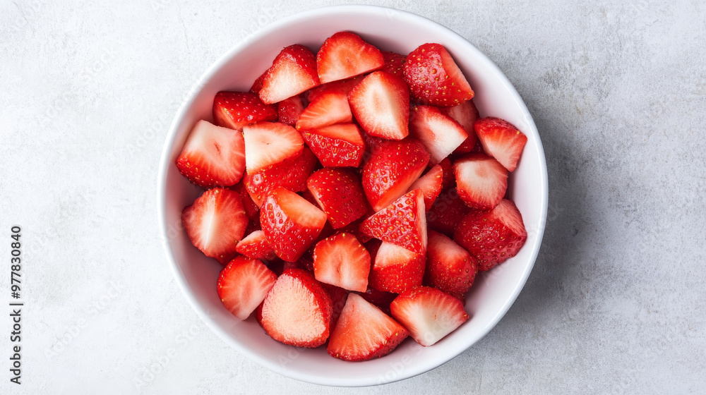 White bowl filled with freshly chopped strawberries on a light gray background, viewed from the top. White bowl filled with freshly chopped strawberries on a light gray background, viewed from the top.