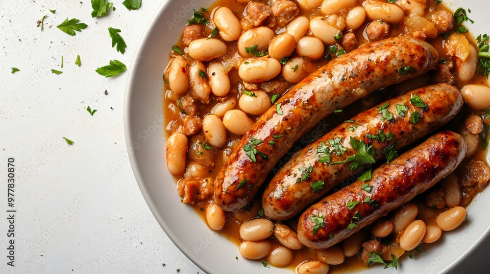 A plate of cassoulet with tender beans and sausage, isolated on a light grey background for a hearty, rustic French dish A plate of cassoulet with tender beans and sausage, isolated on a light grey background for a hearty, rustic French dish