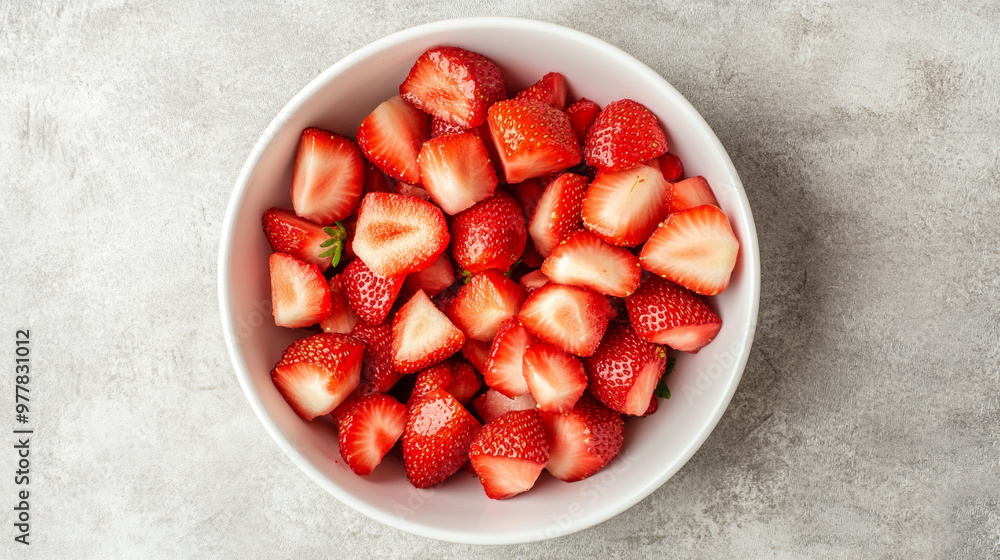 White bowl filled with freshly chopped strawberries on a light gray background, viewed from the top. White bowl filled with freshly chopped strawberries on a light gray background, viewed from the top.