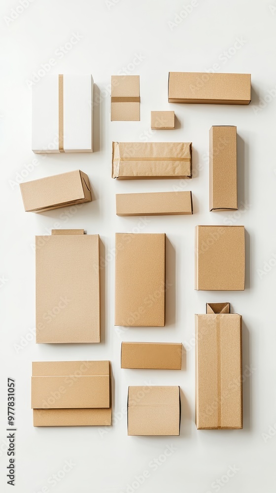 Obraz premium A variety of shopping boxes and parcels is showcased on a clean white background for e-commerce