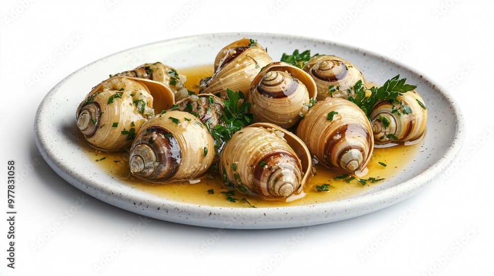 A plate of escargot in garlic butter, isolated on a matte white background, highlighting the rich sauce and texture of the snails A plate of escargot in garlic butter, isolated on a matte white background, highlighting the rich sauce and texture of the snails