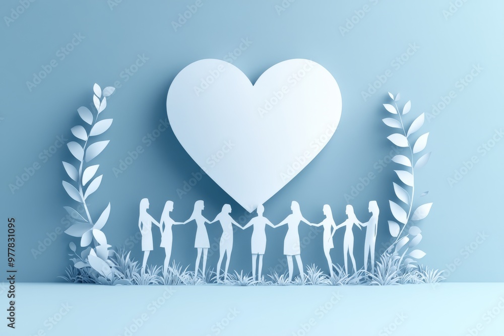 White paper heart with laurel branches and small figures symbolizing peace unity and emotional connection in a harmonious community setting White paper heart with laurel branches and small figures symbolizing peace unity and emotional connection in a harmonious community setting