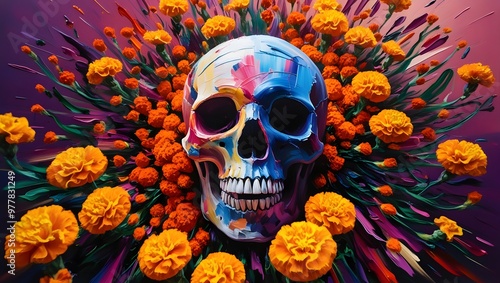 An skull composed of vibrant colors and energetic brushstrokes, surrounded by a swirling mass of marigolds and a sense of movement, perfect for Day of the Dead photo