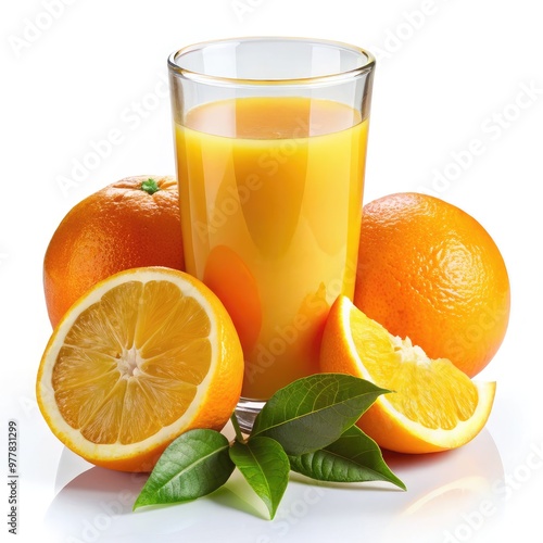 Fresh orange juice served in a glass with whole and sliced oranges nearby. Generative AI