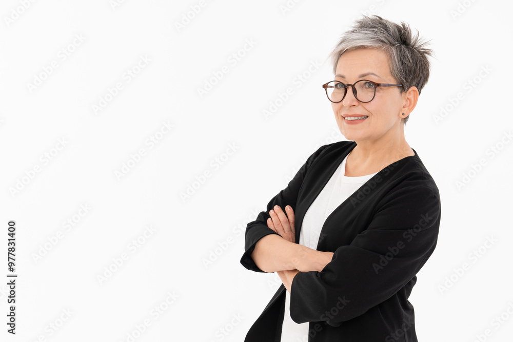 Stylish confident caucasian business woman female manager in formal wear suit standing arms crossed folded looking at camera standing isolated white background copy space. Stylish confident caucasian business woman female manager in formal wear suit standing arms crossed folded looking at camera standing isolated white background copy space.