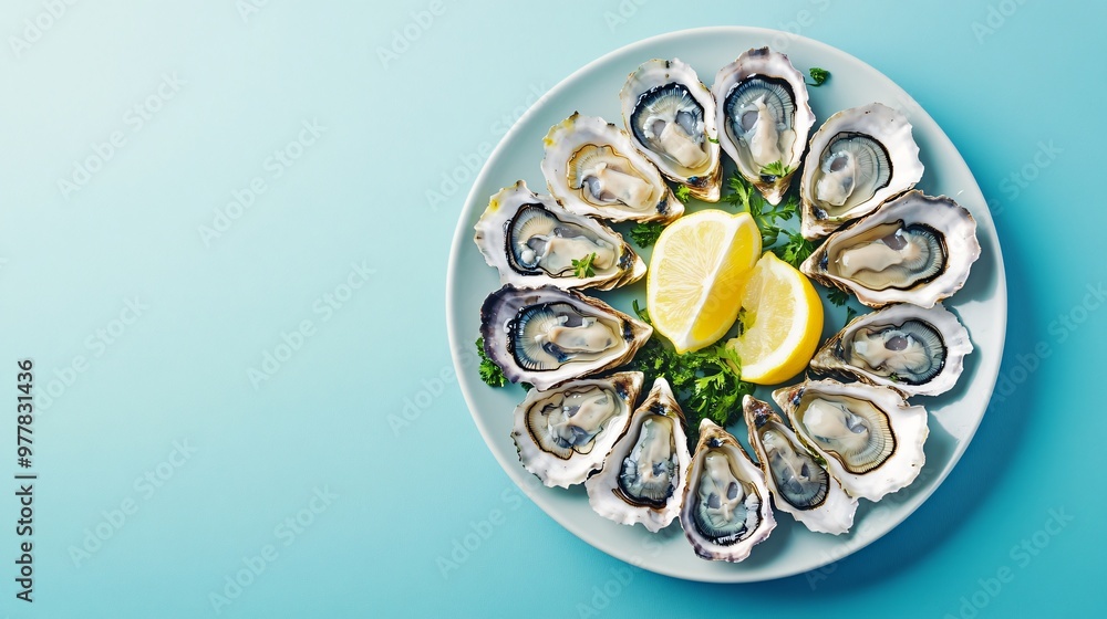 A plate of oysters with lemon wedges and mignonette sauce, isolated on a matte blue background for a coastal, luxurious seafood dish A plate of oysters with lemon wedges and mignonette sauce, isolated on a matte blue background for a coastal, luxurious seafood dish