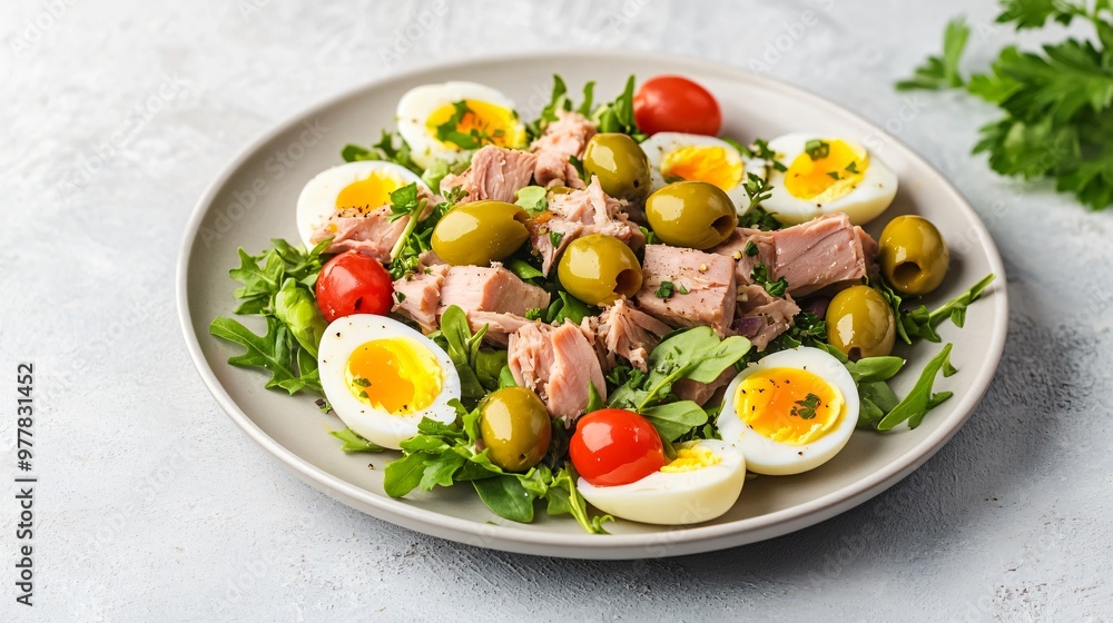 A plate of salade nicoise with tuna, olives, and eggs, isolated on a light grey background for a colorful, healthy French dish A plate of salade nicoise with tuna, olives, and eggs, isolated on a light grey background for a colorful, healthy French dish
