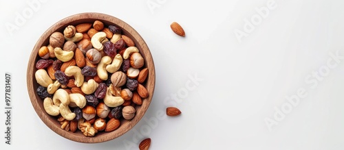 Mixed nuts and dried fruits arranged in a wooden bowl on a white background top view A healthy snack consisting of organic nuts and dried fruits. Copy space image. Place for adding text and design