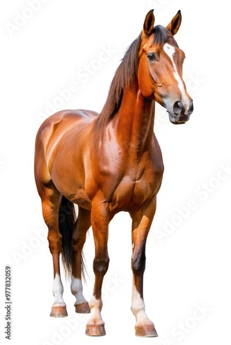 A brown horse stands elegantly against a white background with a calm demeanor. Generative AI