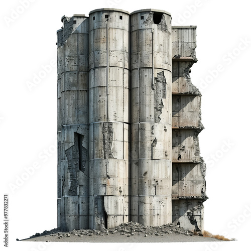 Crumbling concrete grain silo with large holes and missing walls is falling apart