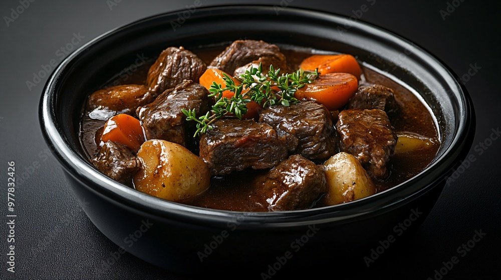 A serving of beef bourguignon with tender beef in a red wine sauce, isolated on a sleek black background for a gourmet presentation A serving of beef bourguignon with tender beef in a red wine sauce, isolated on a sleek black background for a gourmet presentation