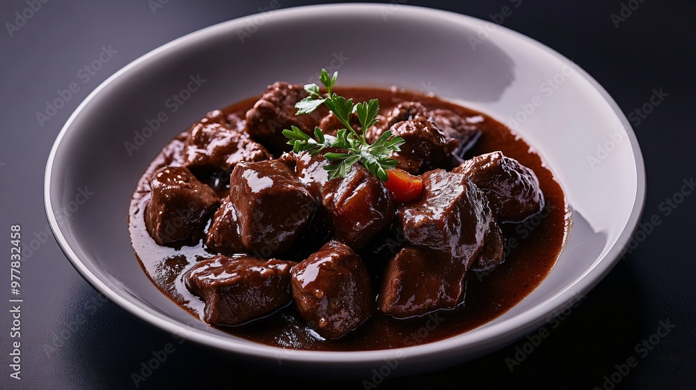 A serving of beef bourguignon with tender beef in a red wine sauce, isolated on a sleek black background for a gourmet presentation A serving of beef bourguignon with tender beef in a red wine sauce, isolated on a sleek black background for a gourmet presentation