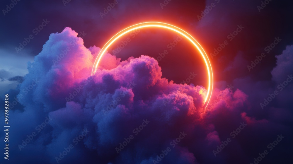Vibrant solar eclipse seen through colorful clouds in twilight sky Vibrant solar eclipse seen through colorful clouds in twilight sky