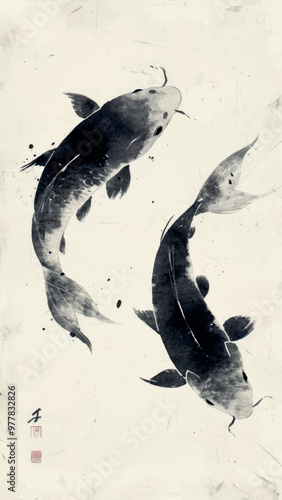 Elegant koi fish ink painting