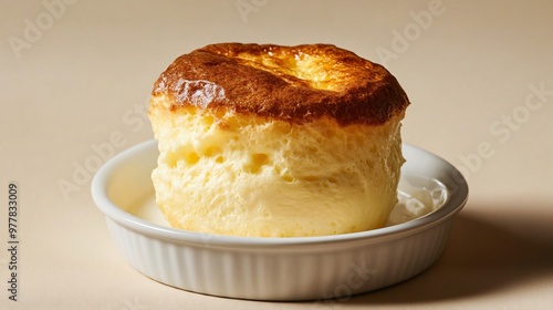 A serving of soufflé au fromage with a golden-brown top, isolated on a neutral beige background for a classic, airy French appetizer