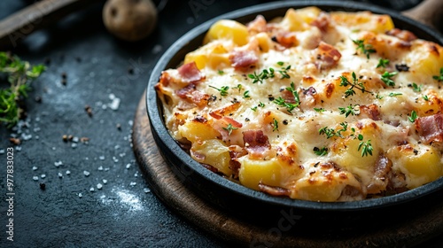 Fototapeta Naklejka Na Ścianę i Meble -  A serving of tartiflette with melted Reblochon cheese, potatoes, and bacon, isolated on a dark charcoal background for a rich, wintery feel