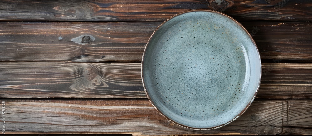 Empty gray ceramic round plate or dish on a wooden table background with copy space top view of traditional handcrafted kitchenware concept Empty gray ceramic round plate or dish on a wooden table background with copy space top view of traditional handcrafted kitchenware concept