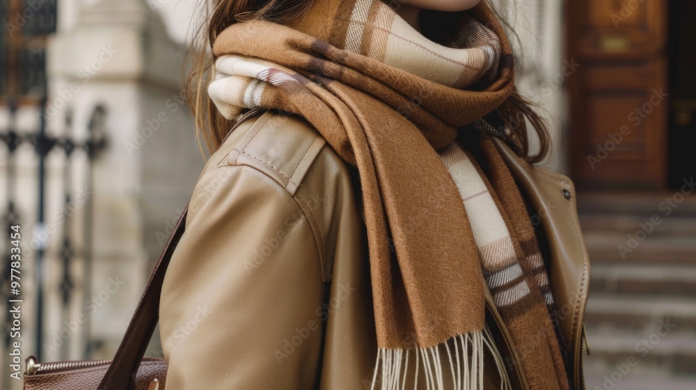 woman wearing a cozy plaid scarf and a tan leather coat, perfect for autumn weather. woman wearing a cozy plaid scarf and a tan leather coat, perfect for autumn weather.
