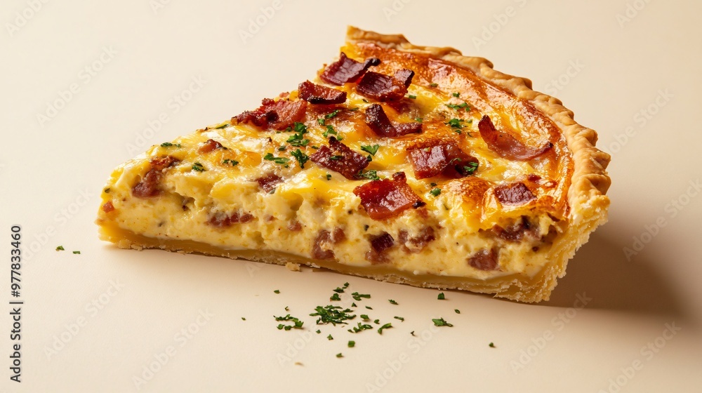 A slice of quiche Lorraine with crispy bacon and melted cheese, isolated on a soft beige background to emphasize the rich, savory filling