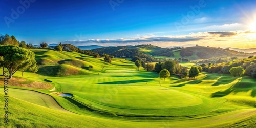 Panoramic view of a lush green golf course with rolling hills and a clear blue sky