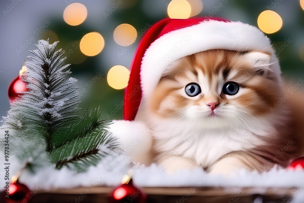 Ginger kitten in a Santa Claus hat, Christmas atmosphere. Ginger kitten in a Santa Claus hat, Christmas atmosphere.