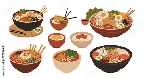 Set of Delicious Bowl of Ramen Illustration